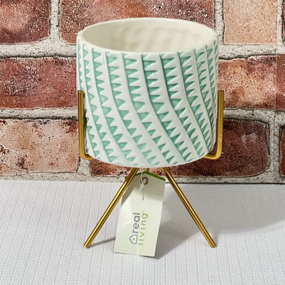 Real Love Ceramic Planter With Stand Multi Flower Pot Geometric Gold Pedestal